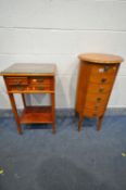 A CHERRYWOOD CIRCULAR CHEST OF SIX DRAWERS, diameter 40cm x height 87cm, and a cherrywood side table