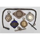 A SILVER ALBERT CHAIN WITH FOB MEDALS AND A BROOCH, a graduated Albert chain each link stamped