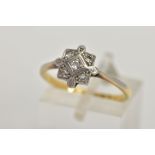 AN EARLY 20TH CENTURY DIAMOND RING, square mount set with single cut diamond, in a white metal