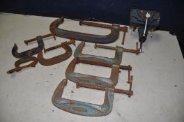 SEVEN VARIOUS G-CLAMPS comprising a large Record 12inch, three Paramo No6, two Woden No126/4 and a