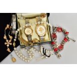 A BOX OF ASSORTED ITEMS, to include a white metal hinged bangle with an engraved foliate design,