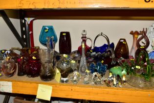 A LARGE COLLECTION OF COLOURED GLASS VASES INCLUDING TWO CAITHNESS VASES, ONE ETCHED WITH LILIES THE