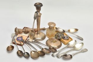 A SELECTION OF SILVER TEASPOONS, AF CANDLESTICKS AND OTHER ITEMS, to include two Georgian kings