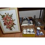 FOUR BOXES AND LOOSE CERAMICS AND GLASSWARES, to include over eighty pieces of Willow pattern tea