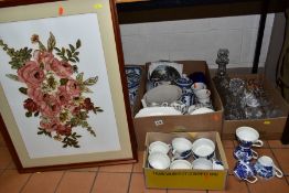 FOUR BOXES AND LOOSE CERAMICS AND GLASSWARES, to include over eighty pieces of Willow pattern tea