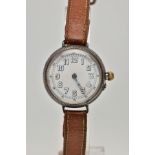 A GENTS WRISTWATCH, hand wound movement, round white dial, Arabic numerals, missing one hand, within