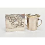 A LATE VICTORIAN SILVER SNUFF BOX AND A LATE VICTORIAN THREE HANDLED CUP, the first of rectangular-