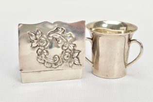A LATE VICTORIAN SILVER SNUFF BOX AND A LATE VICTORIAN THREE HANDLED CUP, the first of rectangular-