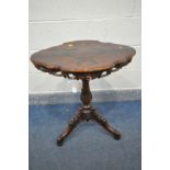 A 19TH CENTURY MAHOGANY AND MARQUETRY INLAID BLACK FORREST STYLE TILT TOP MUSICAL TRIPOD TABLE,