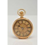 A LADIES 18CT GOLD OPEN FACE POCKET WATCH, working manual wind, gold floral detailed dial, black