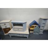 A QUANTITY OF PAINTED FURNITURE, to include a rectangular coffee table with four drawers, length
