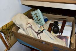 TWO BOXES AND LOOSE TREEN AND NEEDLEWORK, to include a wooden work box with original interior, a