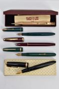 A SELECTION OF PENS, to include a boxed 'Parker Duofold' black lacquer and gold trim, fitted with