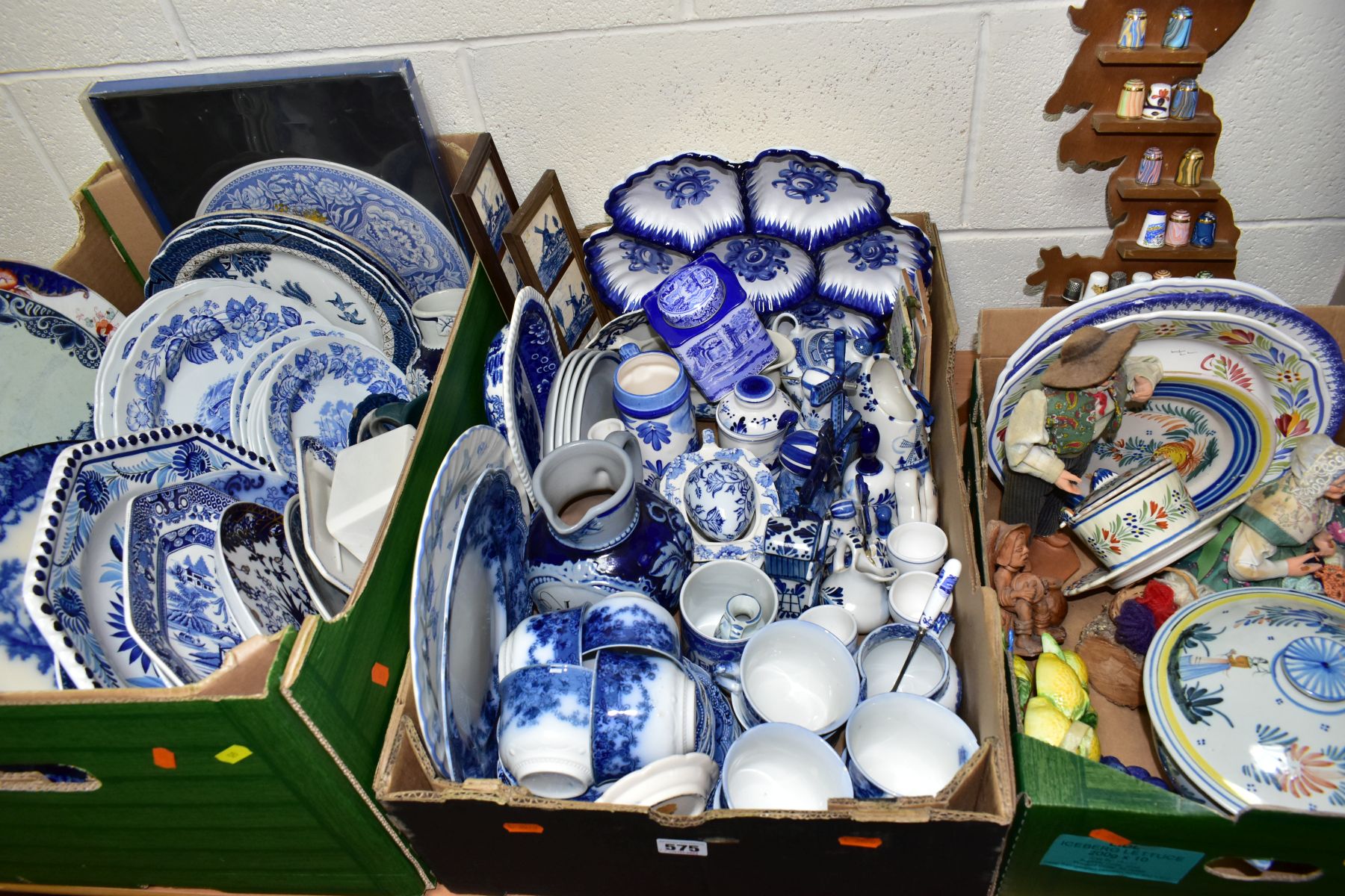 THREE BOXES AND LOOSE CERAMICS, to include thirty ceramic and metal thimbles on a display stand in