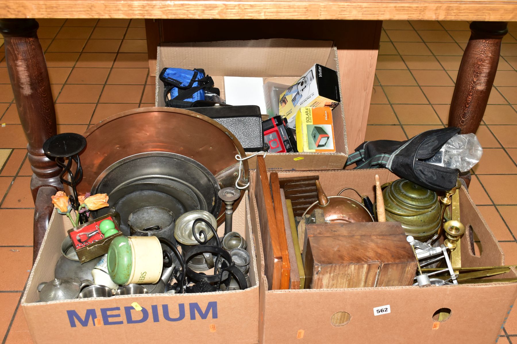 THREE BOXES AND LOOSE METALWARES, PHOTOGRAPHIC EQUIPMENT AND SUNDRY ITEMS, to include digital
