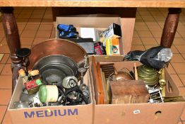 THREE BOXES AND LOOSE METALWARES, PHOTOGRAPHIC EQUIPMENT AND SUNDRY ITEMS, to include digital