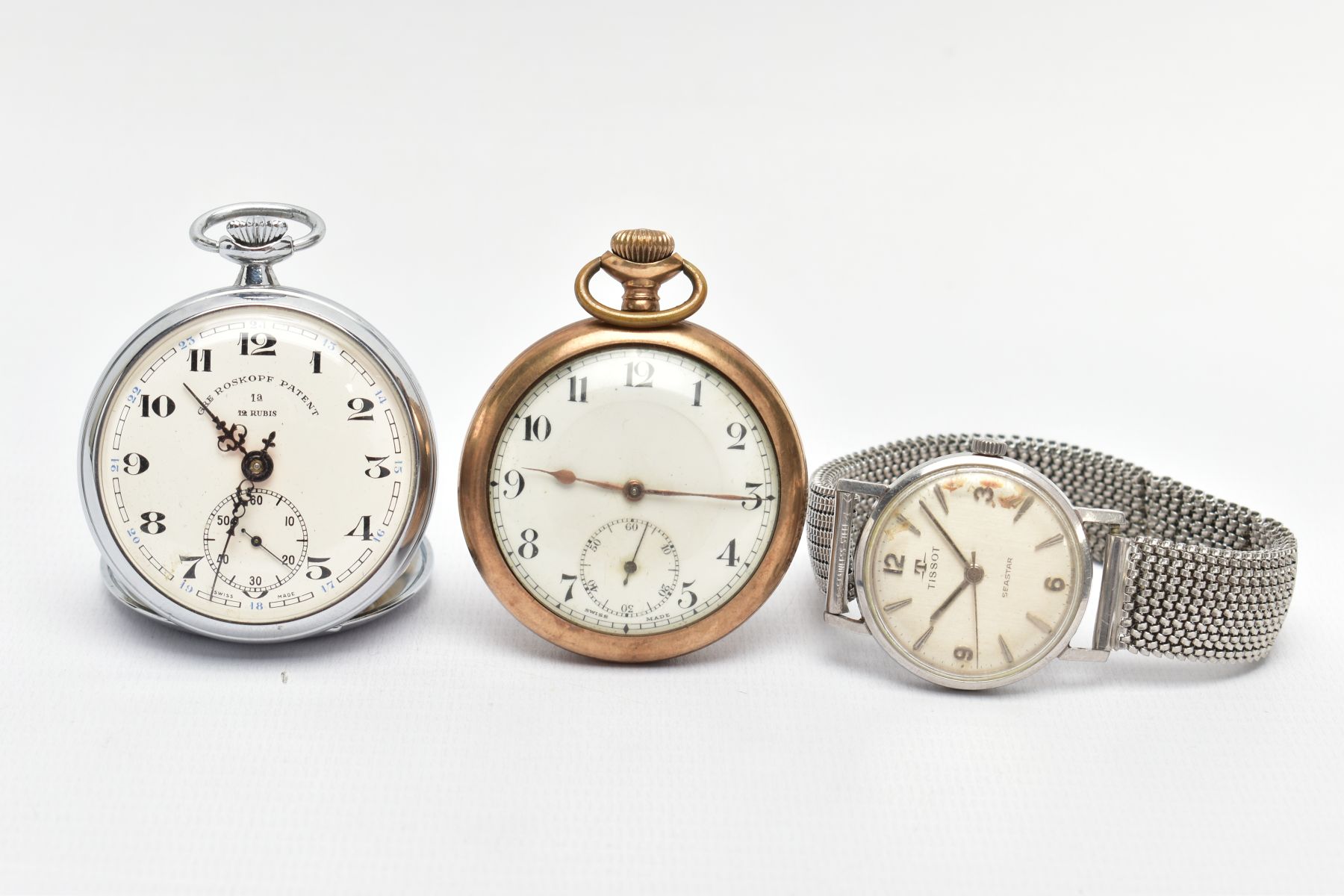 A 'TISSOT' WRISTWATCH AND TWO POCKET WATCHES, the watch has a hand wound movement (requires