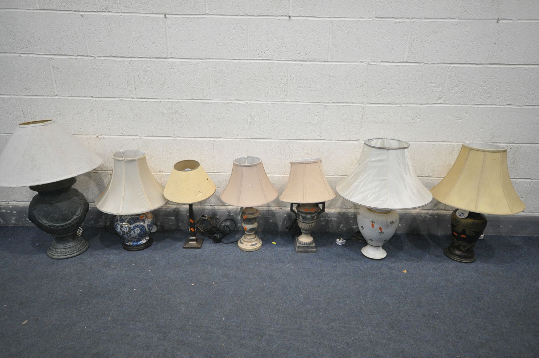 SEVEN VARIOUS MODERN TABLE LAMPS, of various styles, sizes and materials, including a Laura Ashley