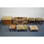 A 19TH CENTURY WALNUT STORAGE STOOL, with twin handles, width 59cm x depth 39cm, an upholstered