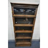AN EARLY 20TH CENTURY OAK FIVE SECTIONAL BOOKCASE, with glazed hide and fall doors, width 87cm x