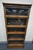 AN EARLY 20TH CENTURY OAK FIVE SECTIONAL BOOKCASE, with glazed hide and fall doors, width 87cm x