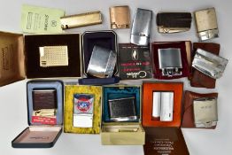 A BOX OF LIGHTERS, to include a cased 'Ronson Varatronic Piezo-Electric' lighter, a boxed 'Ronson
