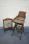 AN EDWARDIAN MAHOGANY METAMORPHIC CHILDS HIGH CHAIR, and a fire screen (2) (good condition)