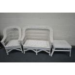 A PAINTED WICKER SOFA AND MATCHING ARMCHAIR, along with a similar coffee table (3)