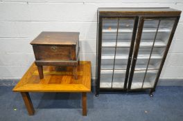 AN OAK COFFEE TABLE, length 85cm x depth 65cm x height 49cm, along with an oak two door China