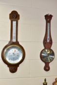 TWO ANEROID BAROMETERS, banjo style, wall hanging, comprising an oak cased English Shortland