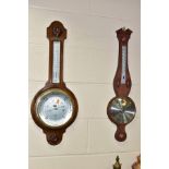 TWO ANEROID BAROMETERS, banjo style, wall hanging, comprising an oak cased English Shortland