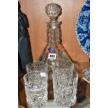 A BRIERCRYSTAL DECANTER OF CONICAL FORM, WITH STOPPER, height 29cm, together with four assorted