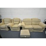 A BEIGE UPHOLSTERED LOUNGE SUITE, comprising a two seater sofa, length 198cm, a pair of armchairs,