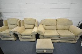 A BEIGE UPHOLSTERED LOUNGE SUITE, comprising a two seater sofa, length 198cm, a pair of armchairs,