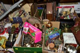 FIVE BOXES AND LOOSE SUNDRY ITEMS ETC, to include tin biscuit boxes, novelty copper and brass items,