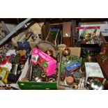 FIVE BOXES AND LOOSE SUNDRY ITEMS ETC, to include tin biscuit boxes, novelty copper and brass items,