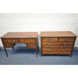AN EDWARDIAN WALNUT CHEST OF TWO SHORT OVER TWO LONG DRAWERS, on casters, width 110cm x depth 48cm x