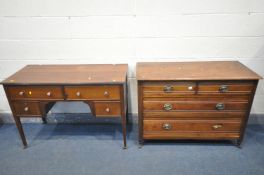 AN EDWARDIAN WALNUT CHEST OF TWO SHORT OVER TWO LONG DRAWERS, on casters, width 110cm x depth 48cm x