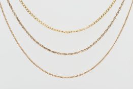 THREE VARIOUSLY DESIGNED CHAINS, to include a 9ct gold flat link chain, hallmarked London, length