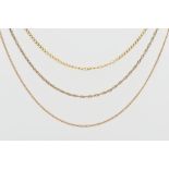 THREE VARIOUSLY DESIGNED CHAINS, to include a 9ct gold flat link chain, hallmarked London, length