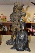 A 20TH CENTURY PATINATED BRONZE FIGURE OF A SAMURAI WARRIOR, cast as standing with a staff and