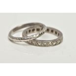 A WHITE METAL SINGLE CUT DIAMOND FULL ETERNITY RING AND A WHITE METAL FOLIATE BAND RING, the first
