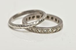 A WHITE METAL SINGLE CUT DIAMOND FULL ETERNITY RING AND A WHITE METAL FOLIATE BAND RING, the first
