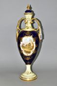AN EARLY 20TH CENTURY COALPORT TWIN HANDLED PEDESTAL VASE AND COVER, the pale yellow, blue and
