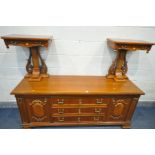 A MAHOGANY SIDEBOARD, two cupboard doors with foliate and panelled cupboard doors, flanking three