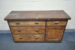 A VICTORIAN STAINED PINE SHOPCOUNTER, with a single drawer above a cupboard door besides three