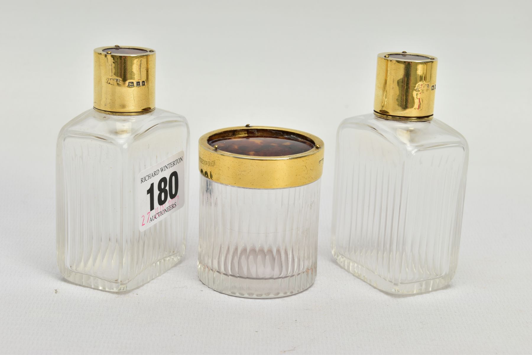 A SET OF THREE EARLY 20TH CENTURY GUILTED SILVER AND TORTOISESHELL GLASS BOTTLES, each hallmarked - Image 2 of 3