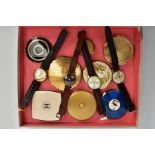 FOUR WRISTWATCHES, COMPACTS AND A PILL BOX, four gents wristwatches such as an 'Etienne' fitted with