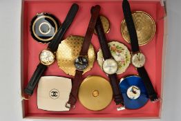 FOUR WRISTWATCHES, COMPACTS AND A PILL BOX, four gents wristwatches such as an 'Etienne' fitted with