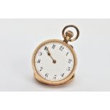 A YELLOW METAL OPEN FACE POCKET WATCH, manual wind, round white dial, Roman numerals, gold tone